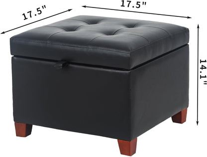 Adeco Faux Leather Storage Ottoman with Hinged Lid, 14 Inch High Black Square Cube Foot Stool with Storage, Upholstered Vanity Stool with Solid Wood Legs for Living Room, Bedroom, Dorm