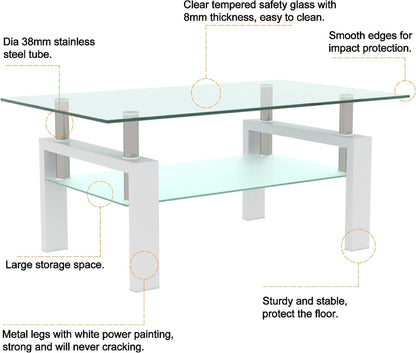Glass Coffee Table Rectangle White Living Room Center Table, 39inch Transparent Tempered Glass Tabletop and Metal Frame, White + Clear Glass