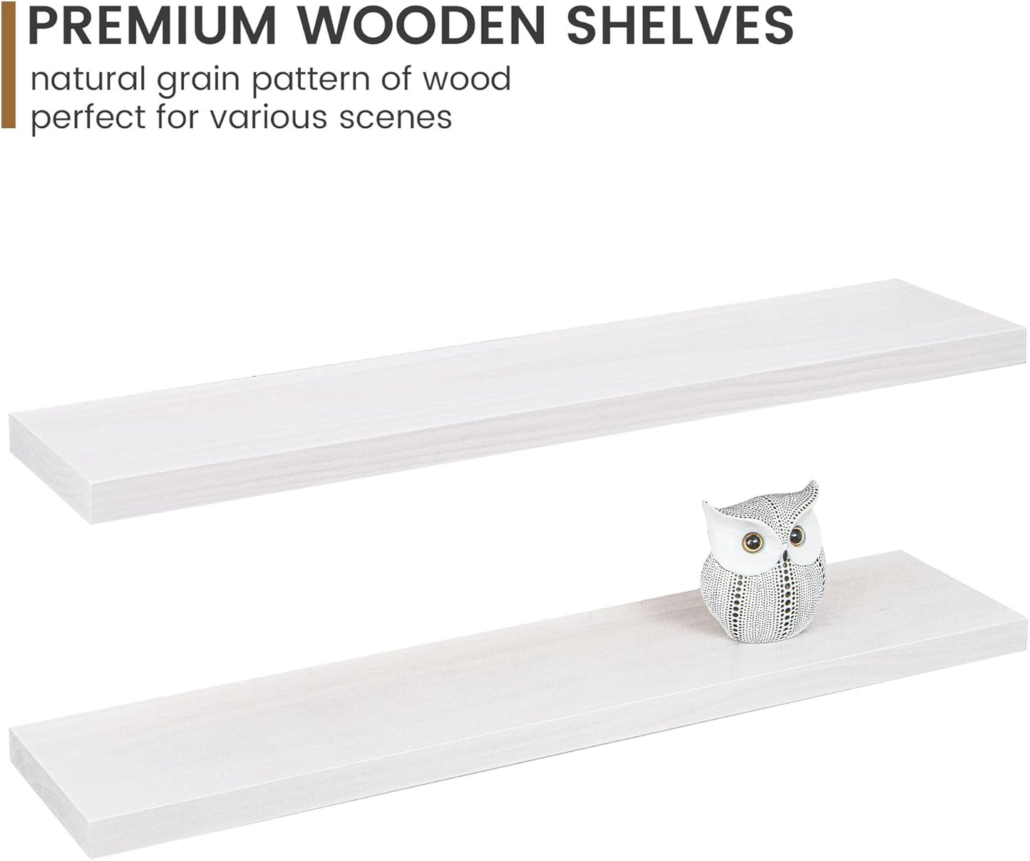 Floating Shelves 36 Inches Long - 8 Inch Deep Rustic Premium Solid Pine Wood for Storage - Farmhouse Wall Mounted for Living Room - Heavy-Duty Metal Bracket - 36" W x 8" D - Set of 2 - White Color