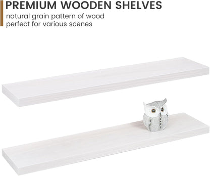 Floating Shelves 36 Inches Long - 8 Inch Deep Rustic Premium Solid Pine Wood for Storage - Farmhouse Wall Mounted for Living Room - Heavy-Duty Metal Bracket - 36" W x 8" D - Set of 2 - White Color