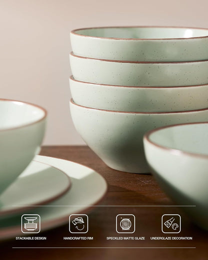 Famiware Venus Ceramic Plates and Bowls Sets, Speckled Dinnerware Dish Sets for 8 (24 Pieces) - Microwave and Dishwasher Safe, Matte Light Green