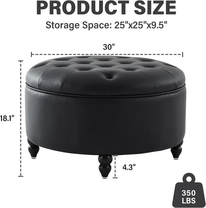 30-Inch Large Round Ottoman, Faux Leather Coffee Table with Removable Lid Top, Upholstered Footrest Modern Button Circle Storage Ottoman for Living Room, Office, PU Black