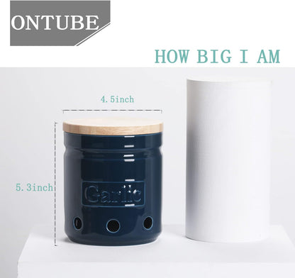 Large Garlic Keeper with Wooden Lid, Ceramic Garlic Holder Storage, Garlic Container for Kitchen, Garlic Saver to Keep Your Garlic Cloves Fresh Longer 4.5-Inch, Navy