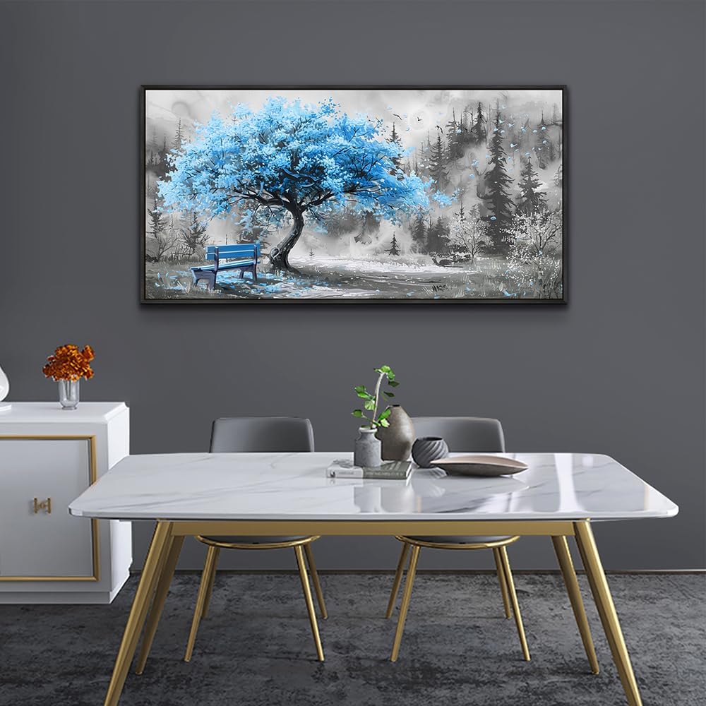 ZUITINGHUA Black Framed Canvas Wall Art For Living Room Wall Decor For Bedroom Office Wall Decoration Blue Tree Landscape Painting Black And White Picture Artwork Room Aesthetic Home Decor 20x40 In