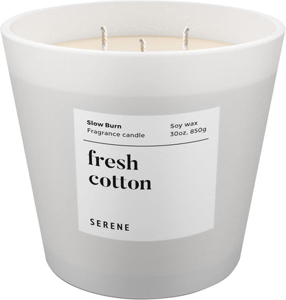 Hidden Label Large Scented Candle, Fresh Cotton, 30oz 3 Wick Huge Candle, Serene Collection Slow Burn Natural Soy Candles for Home Scented