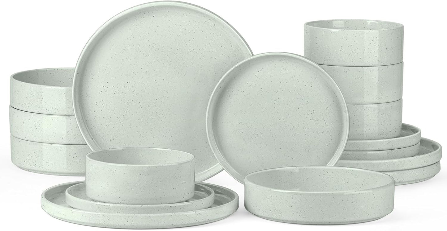 Onader Speckled Dinnerware Set for 4 with Pasta Bowl, 16 Piece Stoneware Plates and Bowls Dishes Set, Microwave & Dishwasher Safe – Pale Sage Green