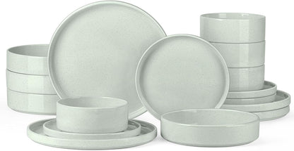 Onader Speckled Dinnerware Set for 4 with Pasta Bowl, 16 Piece Stoneware Plates and Bowls Dishes Set, Microwave & Dishwasher Safe – Pale Sage Green