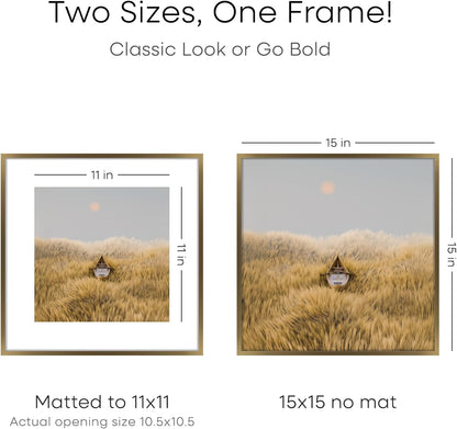 Homeforia 15x15 Picture Bronze Frame, High End Metal 15 x 15 Square Poster Frame with Mat 11 x 11 Photo, 15x15 Brass Frame Matted to 11x11 Print, 15by15 Thin Frames, Tempered Glass, Wall Kit, Set of 1