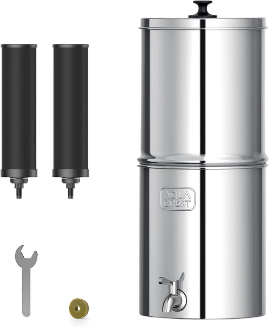 AQUA CREST Gravity Water Filter System, NSF/ANSI 42&372 Certified Black Carbon Filters, Reduce Lead and Up to 99% Chlorine, 2.25G, for Home, Camping, RVing, Off-Grid, Emergencies, AQ-TN-A
