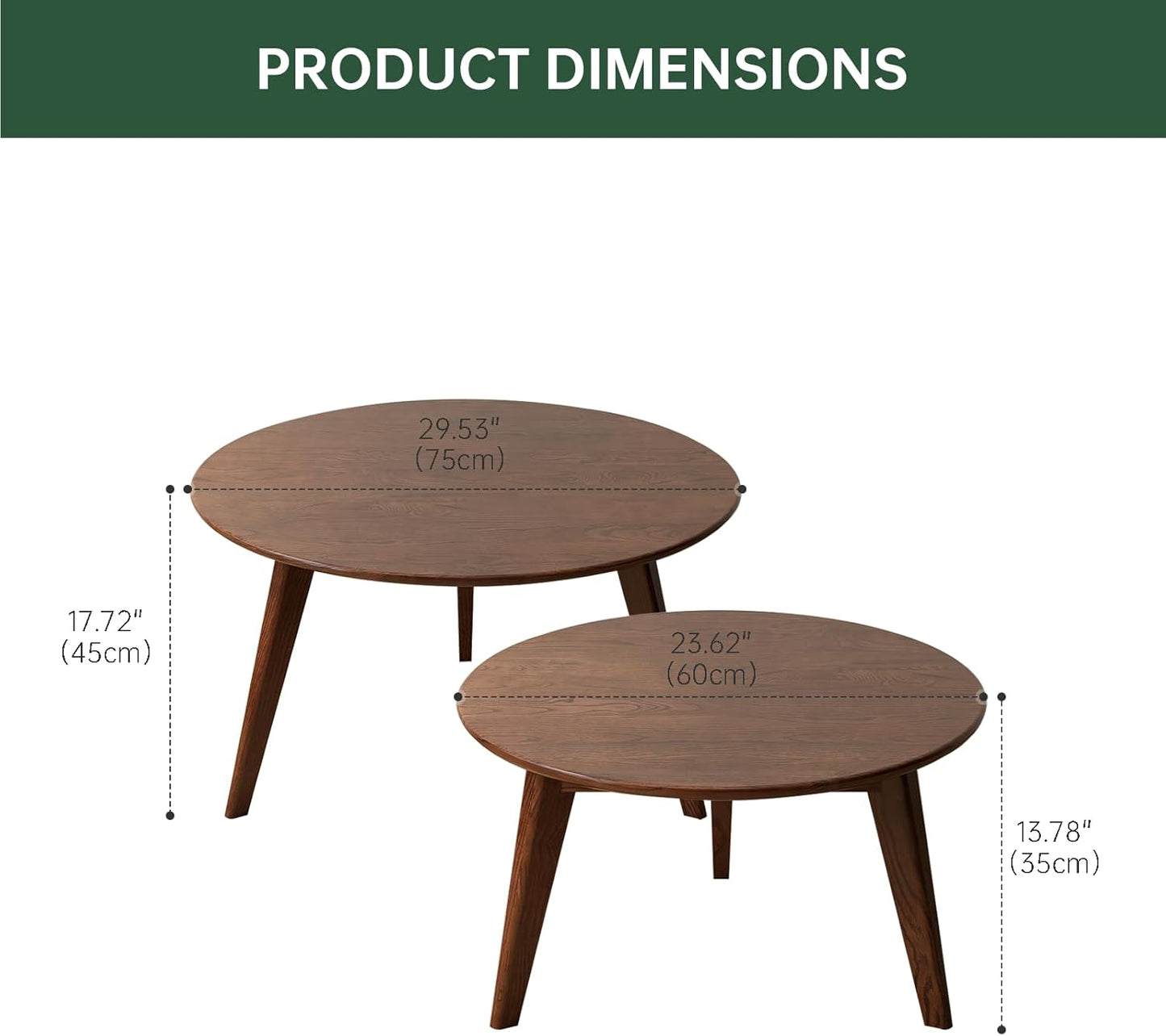 100% Solid Oak Wood Coffee Table Set, Round Coffee Table Combo Side Table w/Solid Wood Legs, Mid Century Table Sturdy Tables for Bedroom Balcony Living Room (Walnut, Big-Medium Combo)