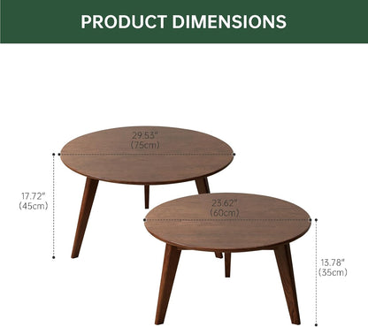 100% Solid Oak Wood Coffee Table Set, Round Coffee Table Combo Side Table w/Solid Wood Legs, Mid Century Table Sturdy Tables for Bedroom Balcony Living Room (Walnut, Big-Medium Combo)