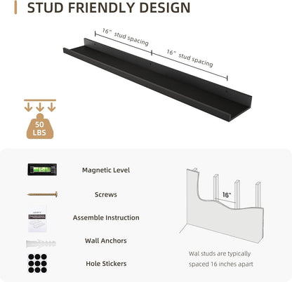 Picture Ledge Shelf, Wood Floating Shelves Set of 2, 36 inch Picture Ledge Shelves, Photo Ledge Nursery Book Shelves Wall Mounted for Living Room Kids' Room Bedroom, Color Black