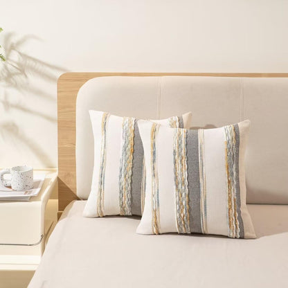 Boho Throw Pillow Covers 18x18 Set of 2 Farmhouse Decorative Cushion Case Striped Square Pillows Cover Chenille Pillow Cases Accent Neutral Pillowcase for Sofa Couch Bed,Orange-Gray