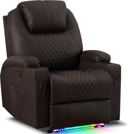 AHMED Power Recliner Chair with Vibration Massage & Heat for Adults, Faux Leather Home Theater Seating with Cup Holders/LED Lights/USB Ports/Side Pockets for Living Room, Brown