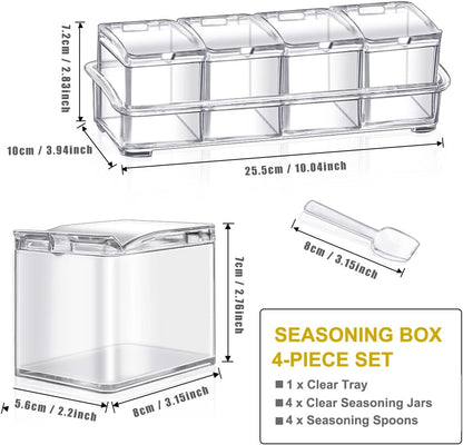 Clear Seasoning Box 4 PCS/Set, Acrylic Seasoning Rack Seasoning Storage Container Condiment Jar Spice Box Spice Jar Spice Pot Spice Rack with Spoon & Lid & Tray for Salt Pepper Sugar (#A)