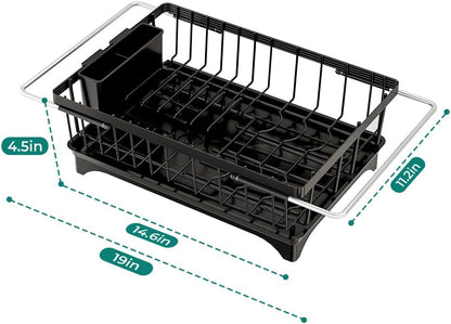 Expandable Dish Drying Rack in Sink, Adjustable Stainless Steel Rustproof Grip Handles Dish Rack Over The Sink, Dish Strainer with Drying Tray & Utensil Holder