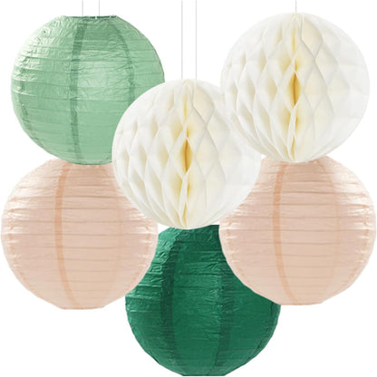 Sage-Green Pink-Beige Boho Party-Decorations Streamers - 14pcs Rustic Neutral Wedding Olive Paper Honeycomb Lanterns Fan,Birthday Baby Bridal Shower Engagement Decor Lasting Surprise