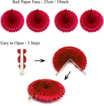 ZERODECO Party Decoration, 21 Pcs Red Hanging Paper Fans Pom Poms Flowers, Garlands String and Triangle Bunting Flags for Birthday Parties Baby Showers Wedding