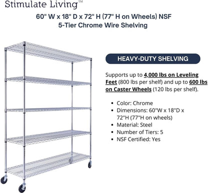 60"x18"x72" PRIME HEAVY DUTY Chrome 5-Tier Wire Shelving 4000 LBS MAX Capacity Storage Rack for Commercial, School, Home, Garage, Warehouse, Industrial, and Hospital Uses (with Wheels)