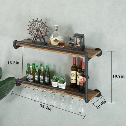 Wine Rack Wall Mounted 2 Tier, Hanging Floating Bar Liquor Shelves with Glass Holder Storage Under, Industrial Rustic Pipe Farmhouse Kitchen Decor Black(35.4x10.6x19.7)