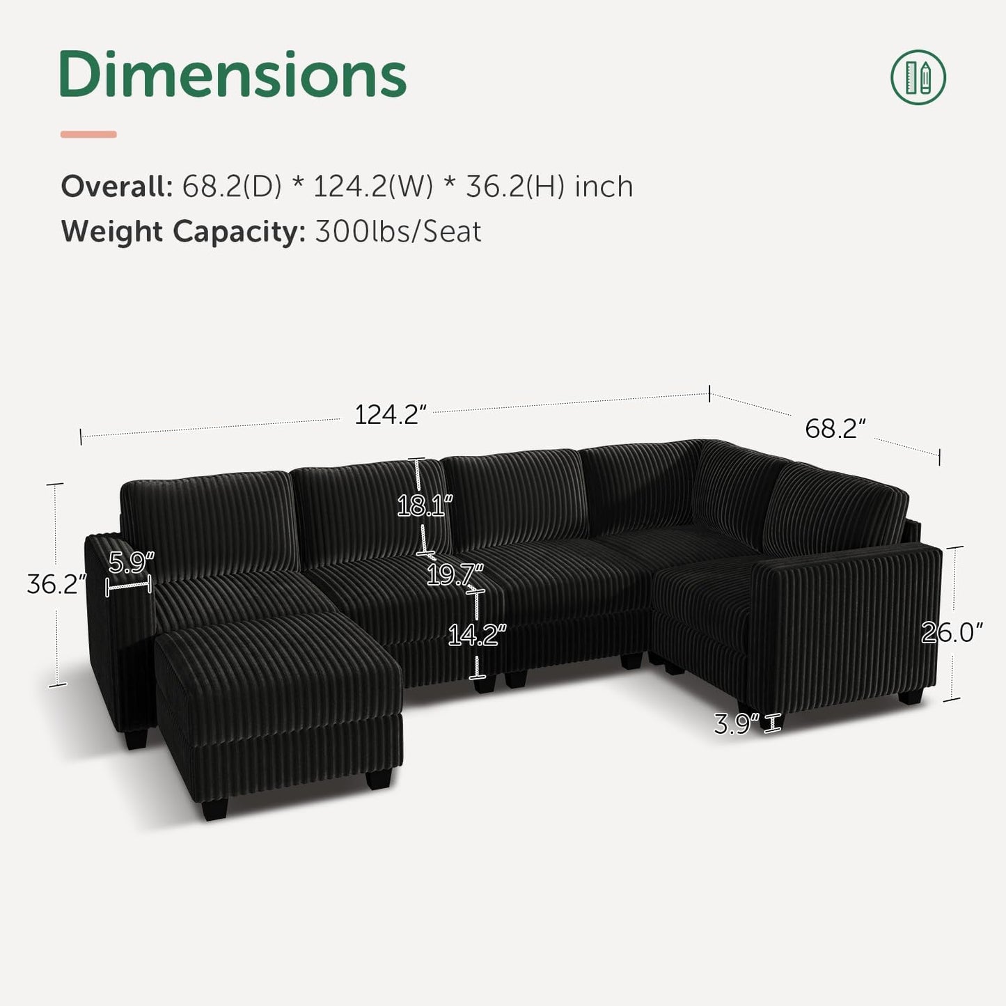 HONBAY Plush Corduroy Sectional Couch with 6 Seaters U-Shaped Modular Sectional Sofa with Storage Sectional Couches for Living Room, Black