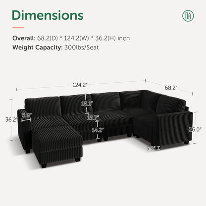 HONBAY Plush Corduroy Sectional Couch with 6 Seaters U-Shaped Modular Sectional Sofa with Storage Sectional Couches for Living Room, Black