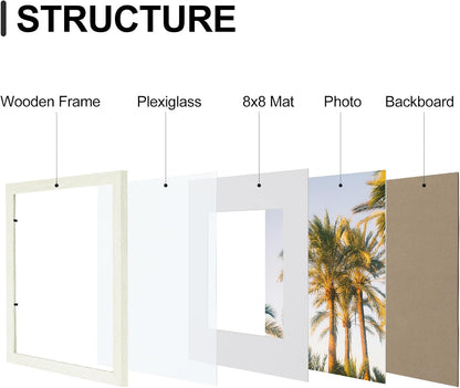 Vittanly 12x12 Picture Frames Set of 9, Shatter Resistant Plexiglass, Display 8x8 Pictures with Mat or 12x12 without Mat, Photo Frames for Wall Mount, Engineered Wood, Whitemist