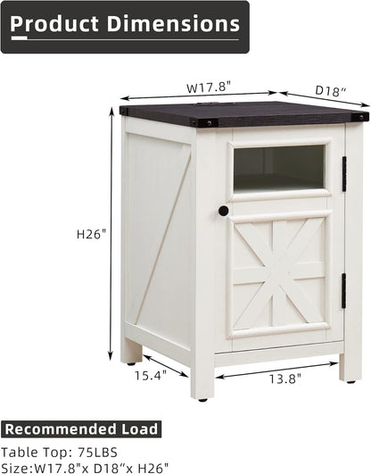 JXQTLINGMU Farmhouse End Table with Charging Station, 18'' Rustic Nightstand with Barn Door & Adjustable Shelf, Wooden Sofa Side Table with 3-Tier Storage for Living Room, Bedroom, White