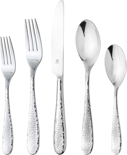 Hammered Silverware Set | Premium 18/10 Stainless Steel Flatware Service for 12 | Heavy-Duty & Dishwasher Safe | Built to Last (60-Piece, Fidenza Hammered)