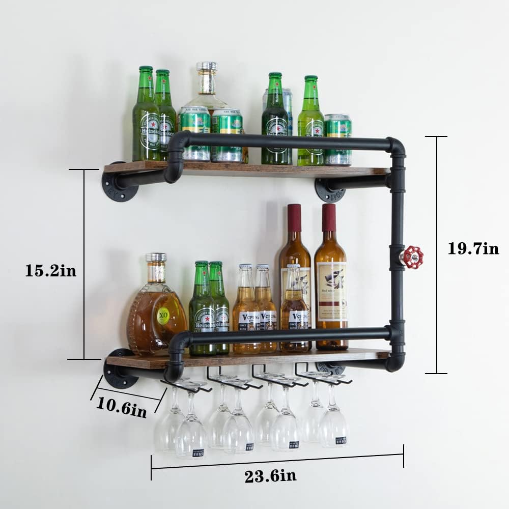 Wine Rack Wall Mounted 2 Tier, Hanging Floating Small Mini Bar Liquor Shelves with Glass Holder Storage Under, Industrial Rustic Pipe Farmhouse Kitchen Decor Black(23.6x10.6x19.7)