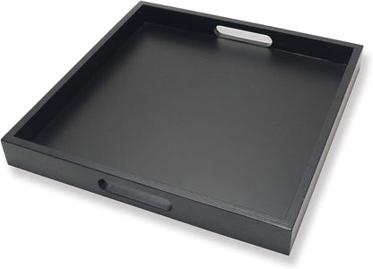 Square Wood Serving Tray with Handle, Ottoman Decorative for Home, 16x16 inches Black