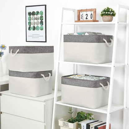 Organization and Storage Basket for Organizing - Large 4 Pack 16x12x8 inch Fabric Storage Cube Collapsible Baskets for Shelves, Storage Bins for Cloth Books (Grey & White)
