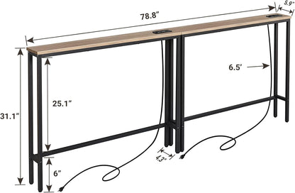 ELYKEN 2 Pack 5.9" Narrow Console Sofa Table with Power Outlets, 5.9" Dx39.4 Wx31.1 H Long Couch Table with Metal Frame and Charge Station with 6.5’ Extension Cord, White Oak