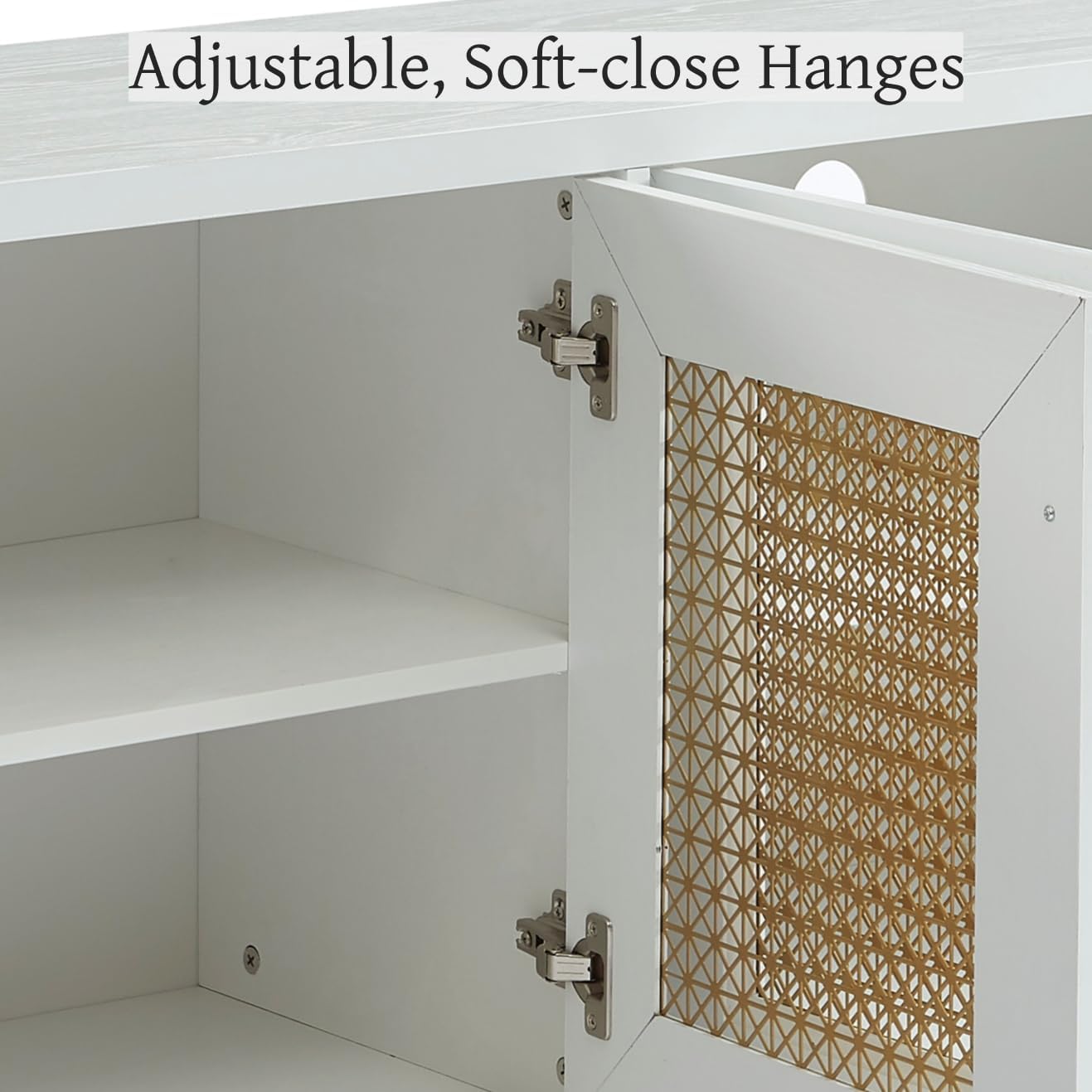 JYED Mid Century Modern TV Stand for TVs up to 75", 69.5" W White Entertainment Center with 4 Gold Metal Mesh Doors - Wood Grain MDF TV Console, Media Storage