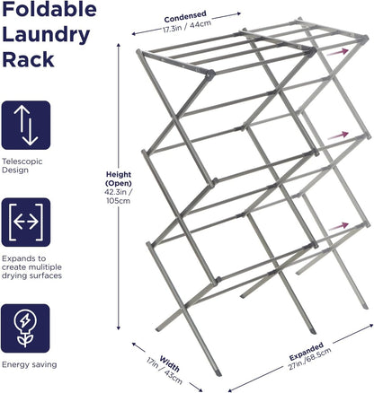BLACK+DECKER 3 Tier Expandable Collapsing Foldable Laundry Rack for Air Drying Clothing, Space Saving Heavy Duty Lightweight Metal Drying Rack(Silver)