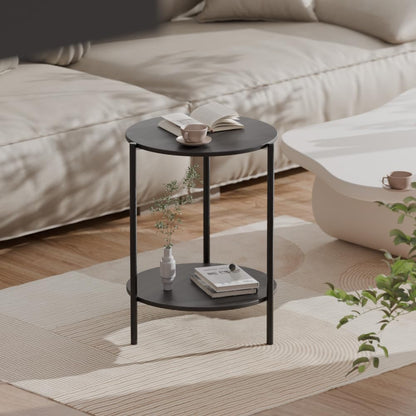 Side Table, Round End Table with 2-Layer Storage Rack, 15.7" Small Spaces Circle Table, Metal Frame Design Small Side Tables, for Living Room, Bedroom, Grey