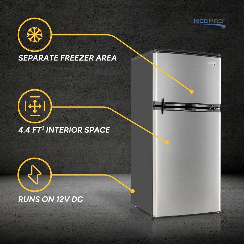 RecPro 4.4 Cu Ft RV Refrigerator | 12V Stainless Steel Fridge with Freezer | Frost-Free, Adjustable Shelves, Built-In Lock, Reversible Door | Off-Grid Ready Camper Fridge with Can Holder
