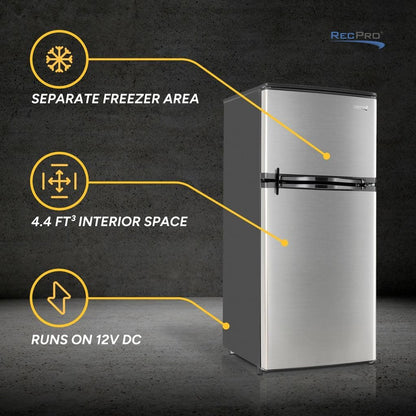 RecPro 4.4 Cu Ft RV Refrigerator | 12V Stainless Steel Fridge with Freezer | Frost-Free, Adjustable Shelves, Built-In Lock, Reversible Door | Off-Grid Ready Camper Fridge with Can Holder