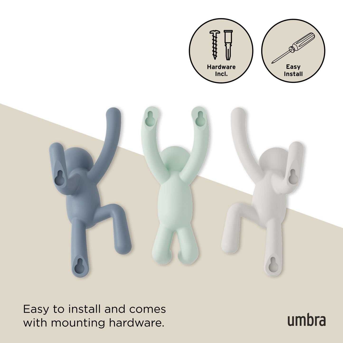 Umbra Buddy Wall Hooks, Wall Mount Coat Hooks, Set of 3, White/Mint/Blue