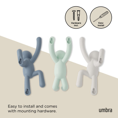 Umbra Buddy Wall Hooks, Wall Mount Coat Hooks, Set of 3, White/Mint/Blue