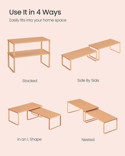 SONGMICS Cabinet Organizer Shelf, Set of 2 Kitchen Counter Shelves, Kitchen Storage, Spice Rack, Stackable, Expandable, Metal and Engineered Wood, Apricot UKCS200Y01
