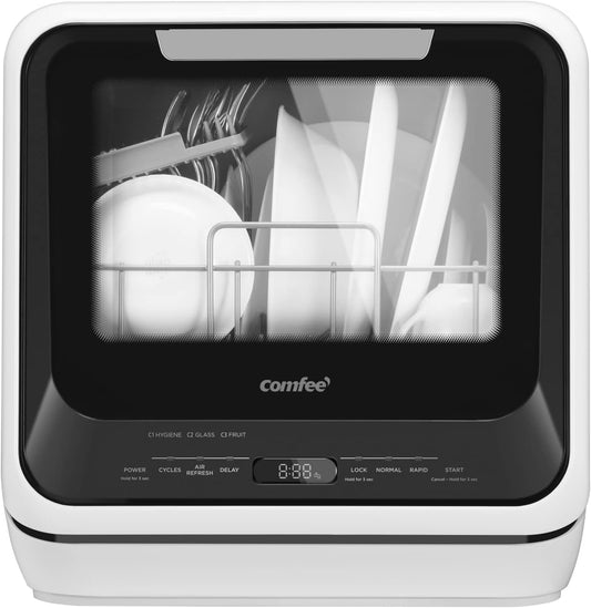 COMFEE' Portable Mini Dishwasher Countertop with 5L Built-in Water Tank for Apartments& RVs, No Hookup Needed, 6 Programs, 360° Dual Spray, 162??High-Temp& Air-Dry Function