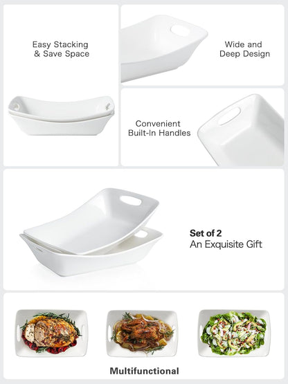 Kanwone Large Serving Bowls with Handles, White Serving Dishes For Entertaining, 1.8 Quarts Porcelain Bowl Set for Turkey, Fruit, Salad, Rectangle Serving Platter for Parites, Thanksgiving, Set of 2