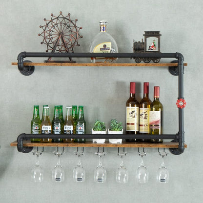 Wine Rack Wall Mounted 2 Tier, Hanging Floating Bar Liquor Shelves with Glass Holder Storage Under, Industrial Rustic Pipe Farmhouse Kitchen Decor Black(35.4x10.6x19.7)