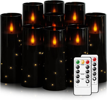 Flickering Flameless LED Candles, 9 Pcs with Embedded Star String, Acrylic LED Pillar Candles with Remote, Suitable for Home Decoration (Black)