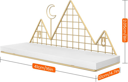 Homode Floating Shelves, Set of 2 Mountain Shelves Wall Decor, Metal and Wood Hanging Shelves Woodland Bookshelf for Nursery, Kids Room, Bathroom, Bedroom, White and Gold