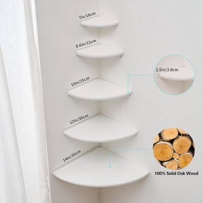 Corner Shelf, White Solid Oak Wood Floating Corner Shelves Wall Mount Round End Floating Speaker Rack for Small Plant Photo Frame (White, 8.6in)