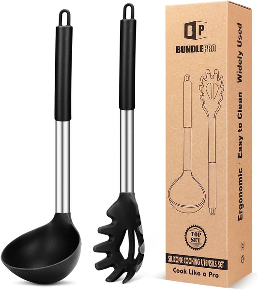 Silicone Pasta Fork and Ladle Spoon Set, Large Non Stick Kitchen Utensils for