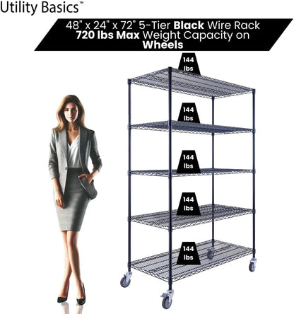 48"x24"x72" Black 5-Tier Premium Wire Shelving NSF 4000 LBS MAX Capacity Heavy Duty Steel Storage Rack for Warehouses, Garages, Hospitals, Commercial Spaces, & Schools w/Premium Wheels