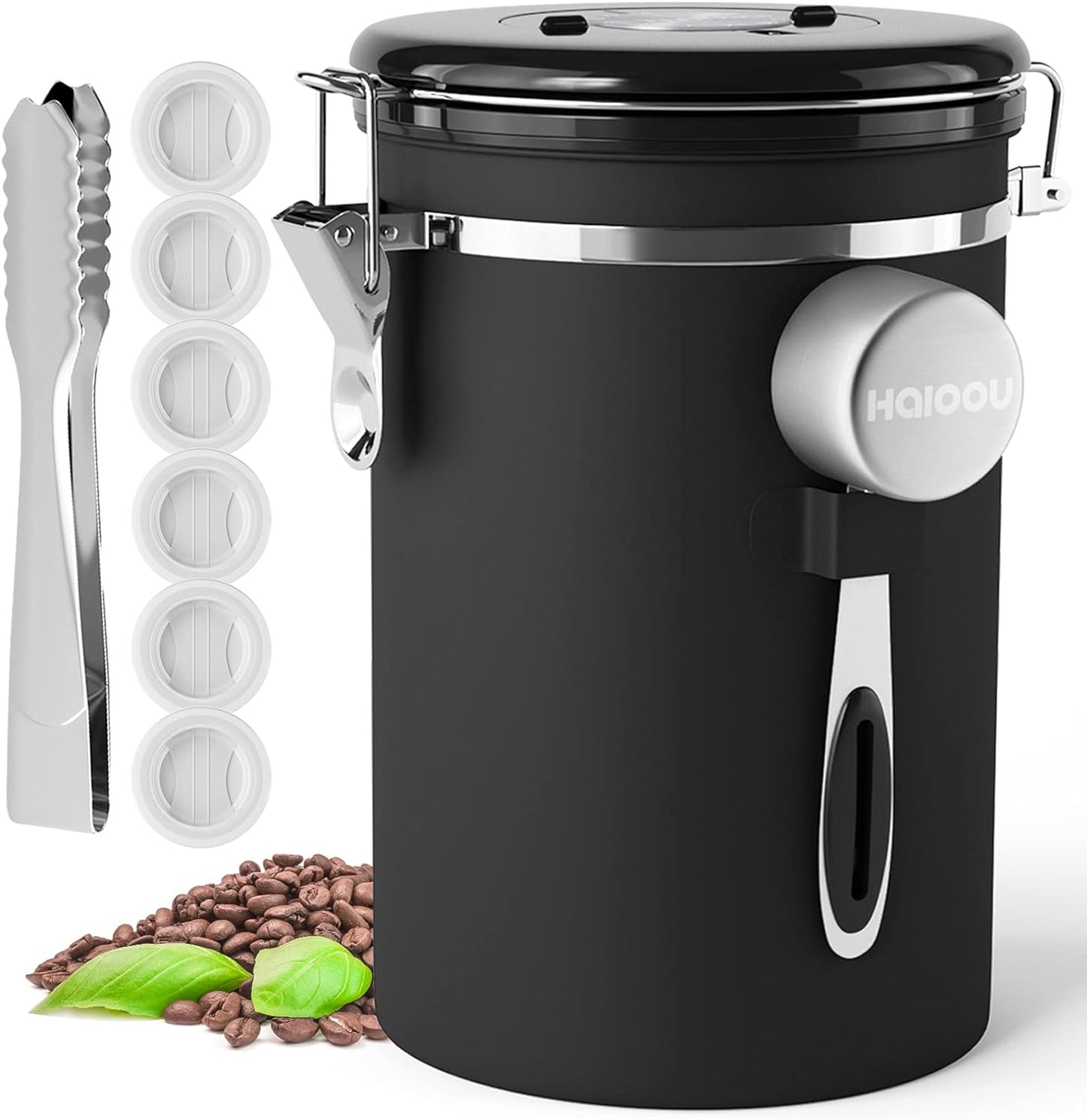 HAIOOU Airtight Coffee Canister, 22OZ Large Stainless Steel Coffee Bean Storage Container with Date Tracker, Measuring Scoop, 6Pcs CO2 Valves and Mini Tongs for Beans, Grounds, Sugar and more - Black